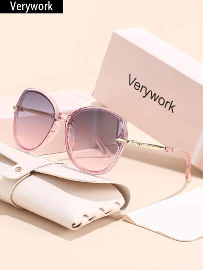  Verywork 1 件几何现代简约风格优雅优质品牌设计女士时尚眼镜配有存储和擦拭布适合户外休闲活动驾驶购物装饰夏季海滩度假、户外、旅行礼物的理想选择太阳镜镜腿装饰优雅风格超大蝴蝶镜框