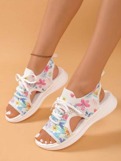 Sandali sportivi casual da donna con motivo floreale e design traforato in rete