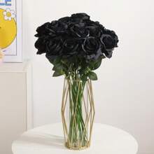 6/10pcs Black Artificial Silk Roses, Fake Flower Bouquet For Halloween Party & Dark Style Decor, Valentine Day, Gift Gifts Birthday Graduation Home Decor Halloween Decor Room Decor