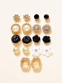 9 Pairs Fashionable Versatile Flower & Pearl Stud Earring Set - Gold - View 1