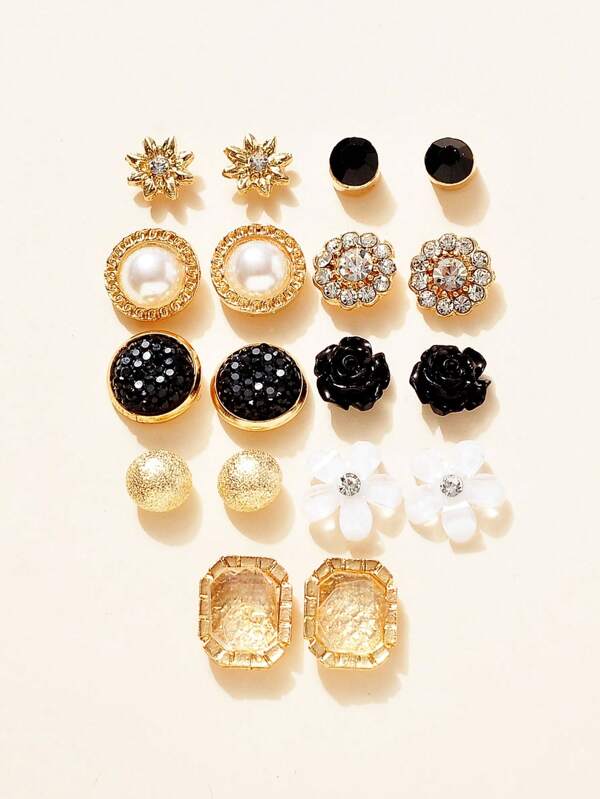 9 Pairs Fashionable Versatile Flower & Pearl Stud Earring Set