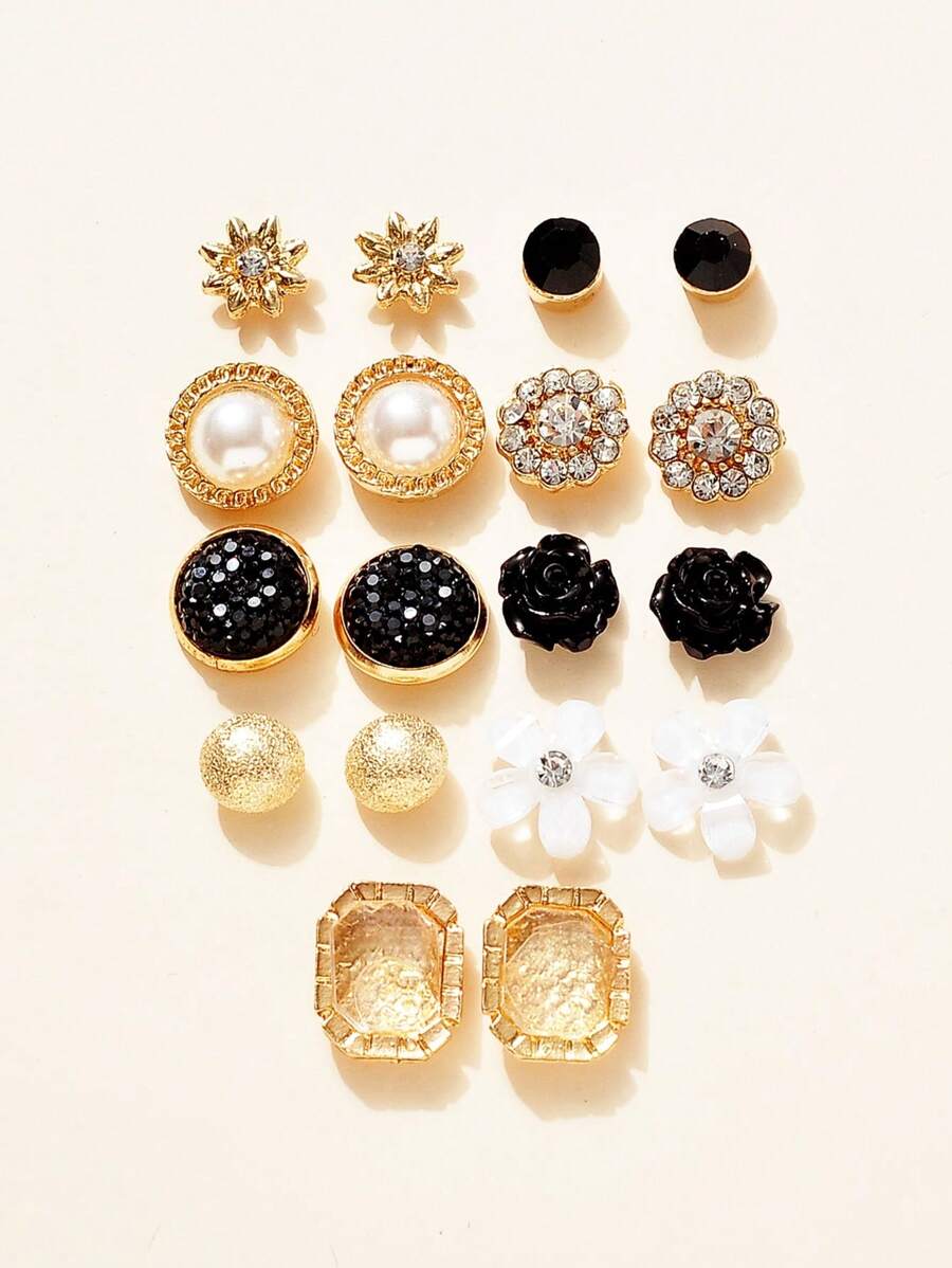 9 Pairs Fashionable Versatile Flower & Pearl Stud Earring Set - Gold - View 1