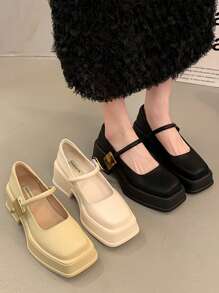 Chunky Heel English Style Women Leather Shoes, 2025 Spring Summer New Arrivals French High Heels Commuting & Party Mary Janes