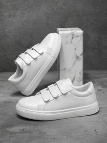 (Runs Small) Men's Classic Fashion Versatile White PU Splicing Hook And Loop Easy Wear Skate Shoes, Outdoor Sports Comfortable Non-Slip Low-Top Lightweight Flat Walking Shoes