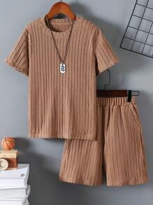 2件套男童休闲纹理短袖T恤和短裤套装，春夏