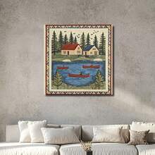 1 Pc, 3-4 Designs Of Scandinavian Cabins And Canoes On A Lake, Original, Canvas, Wall Art, Living Room Wall Decor, Bedroom, Bathroom, Framed Wall Newspaper, Art Prints, Wall Art, Home Decor, Holiday, Gifts. Home Decorat 1 - Multicolor - View 2