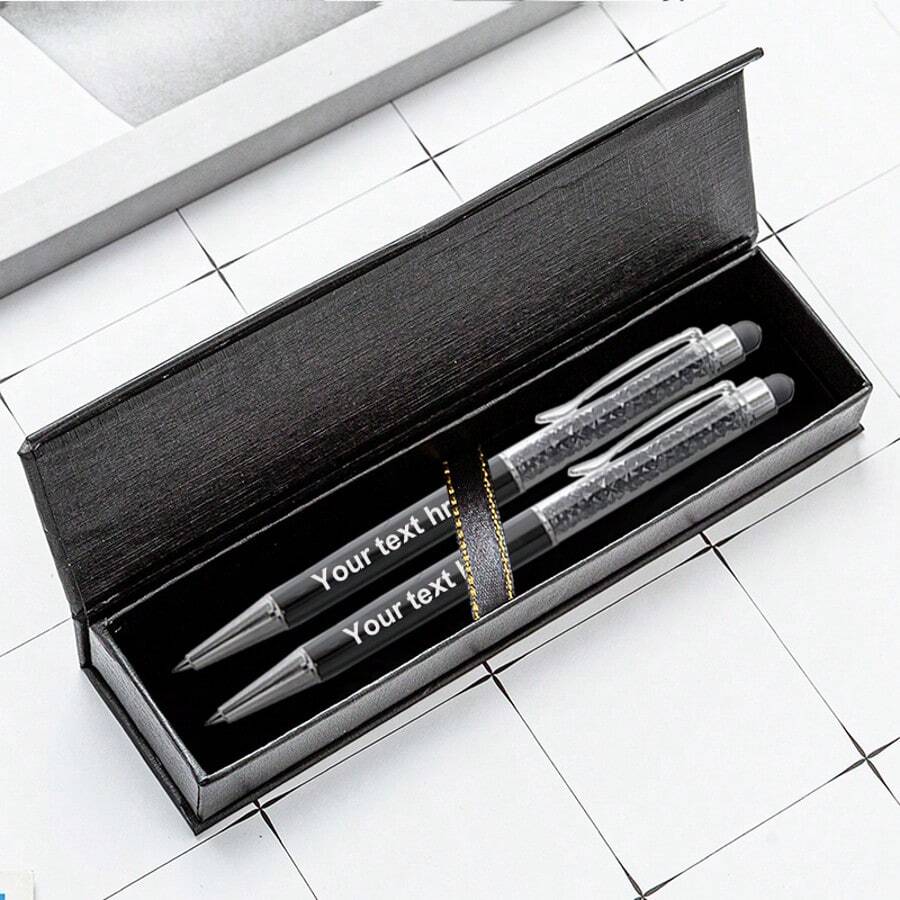 1 Set Of Black Metal Rhinestone Ball Point Pen, Laser Engraved Letter, Customizable, Suitable For Bar, School, Office Use, Corporate Promotion, Meeting, Teacher-Student Gift, Holiday Customized Gift - Black - View 1