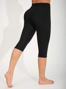 Women's Casual Elastic Spandex Sports Leggings, Solid Color Soft Comfortable Brushed Fabric Tights, Suitable For Fitness, Workout, Running, Home Exercise, Deep Squat, Yoga, Outdoor, Beach, Party, Walking, Cycling, Capri Length