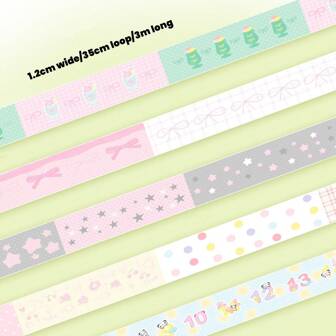 6PCS Handbook Diary Decorative Tape Roll Spring Pull Strip Series Bow Ribbon Cute Handbook Tape 1.2cm Width/35cm Loop/3m Length Back To School