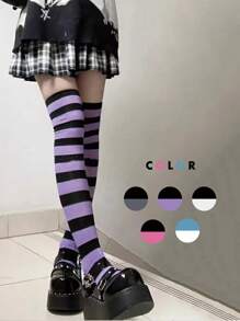 1 par de medias largas a la rodilla a rayas para mujer, con rayas de colores de moda, medias hasta los muslos, medias largas, medias para niñas, medias de fiesta, medias de baile, estilo punk, rockstar, para uso diario