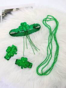 6pcs Sequin Green Shamrock Headband & Bracelet Beads Set, Party Favors For St. Patrick's Day, Suitable For Celebrations Prom - Green - View 7