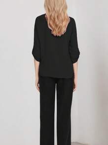 SANOPY Womens Blouses,Blouses For Women Dressy Casual,Blouses For Women Business Casual,Work Blouses For Women,Women's Casual Chiffon V Neck 3/4 Sleeve Blouse Tops - 黑色 - 查看 2