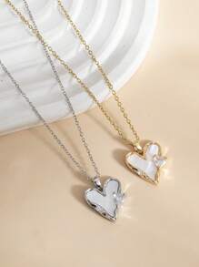 1pc Minimalist 14K Gold Plated Mother Of Pearl Heart Necklace, European Style