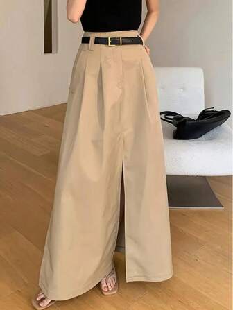 女士优雅纯色褶皱开衩下摆中长裙