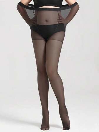 多双女士黑色加大码薄针织连裤袜，适合春夏季日常穿着