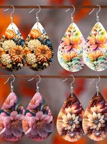1Pair Bohemian Flower Wooden Small Water Drop Earrings, Watercolor Flower Pattern Earrings Pendant, Girls Jewelry Gift