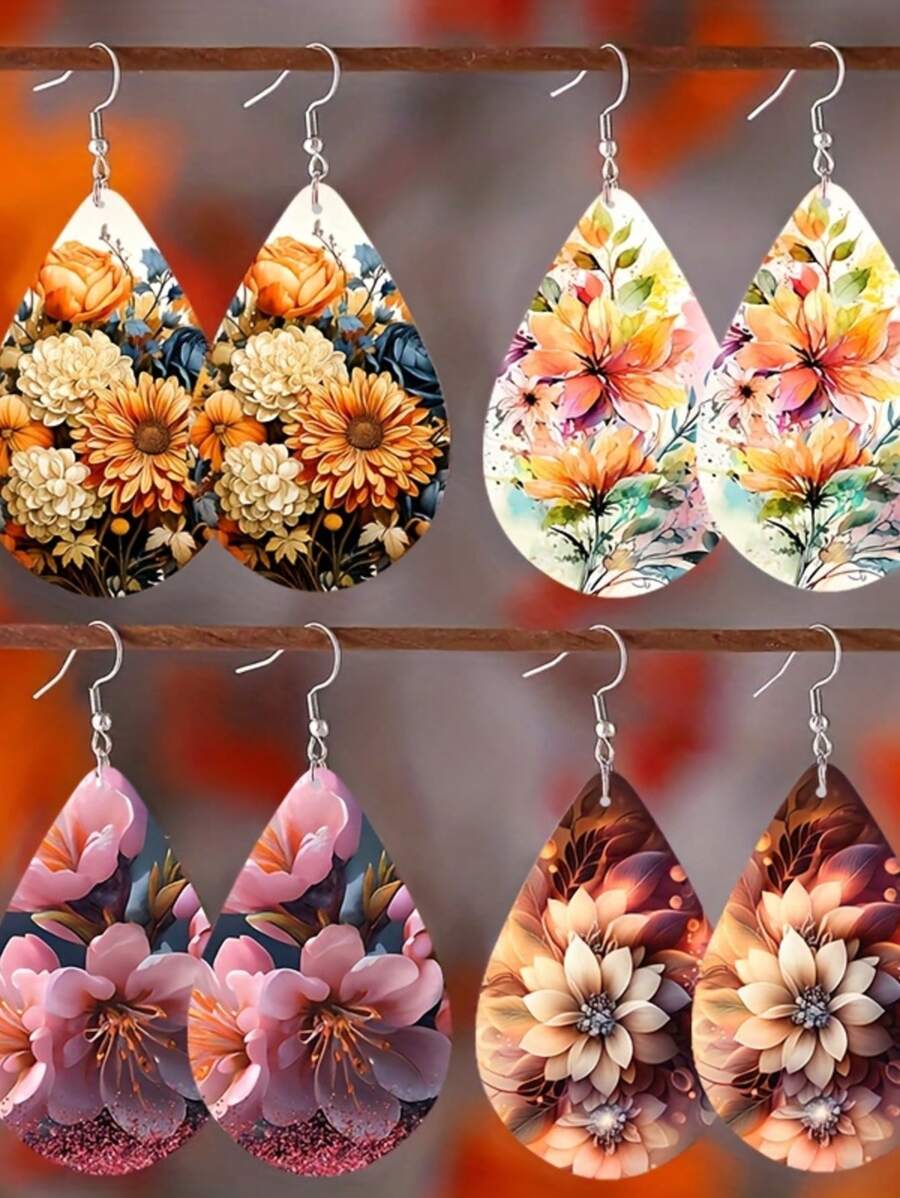 1Pair Bohemian Flower Wooden Small Water Drop Earrings, Watercolor Flower Pattern Earrings Pendant, Girls Jewelry Gift