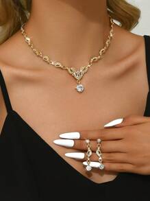 3pcs Women's Heart & Flower Rhinestone Embellished Wedding Jewelry Set