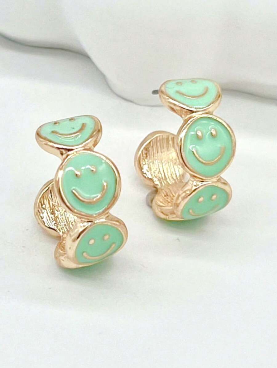 1 Pair Women Fashionable Personalized Cute Smiling Face Hoop Earrings - Mint Green - View 1