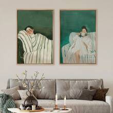 Set Of 2 Abstract People Wall Art Prints, Canvas Hangings, Posters, Wall Art, Contains Emerald Green Striped Woman Canvas Poster, Minimalist Large Art Wall Decor, Coffee Lovers Prints, Spring Decor For Living Room, Bedroom, Cafe, Bar, Office, Hallway And Home Room Decor Artwork Gifts Birthday Graduation