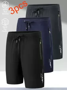 3 pares de pantalones cortos casuales deportivos sueltos y transpirables para hombre, con diseño de tira reflectante, con bolsillos y con cremallera y cordón en la cintura, adecuados para fitness, running y actividades al aire libre.