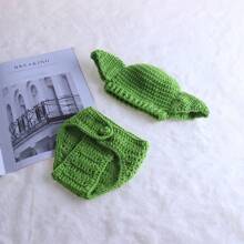 3件套绿色手工针织新生儿摄影道具婴儿服装套装，男孩女孩节日服装婴儿洗礼复活节礼物，适合女孩/男孩 - 彩色 - 查看 5