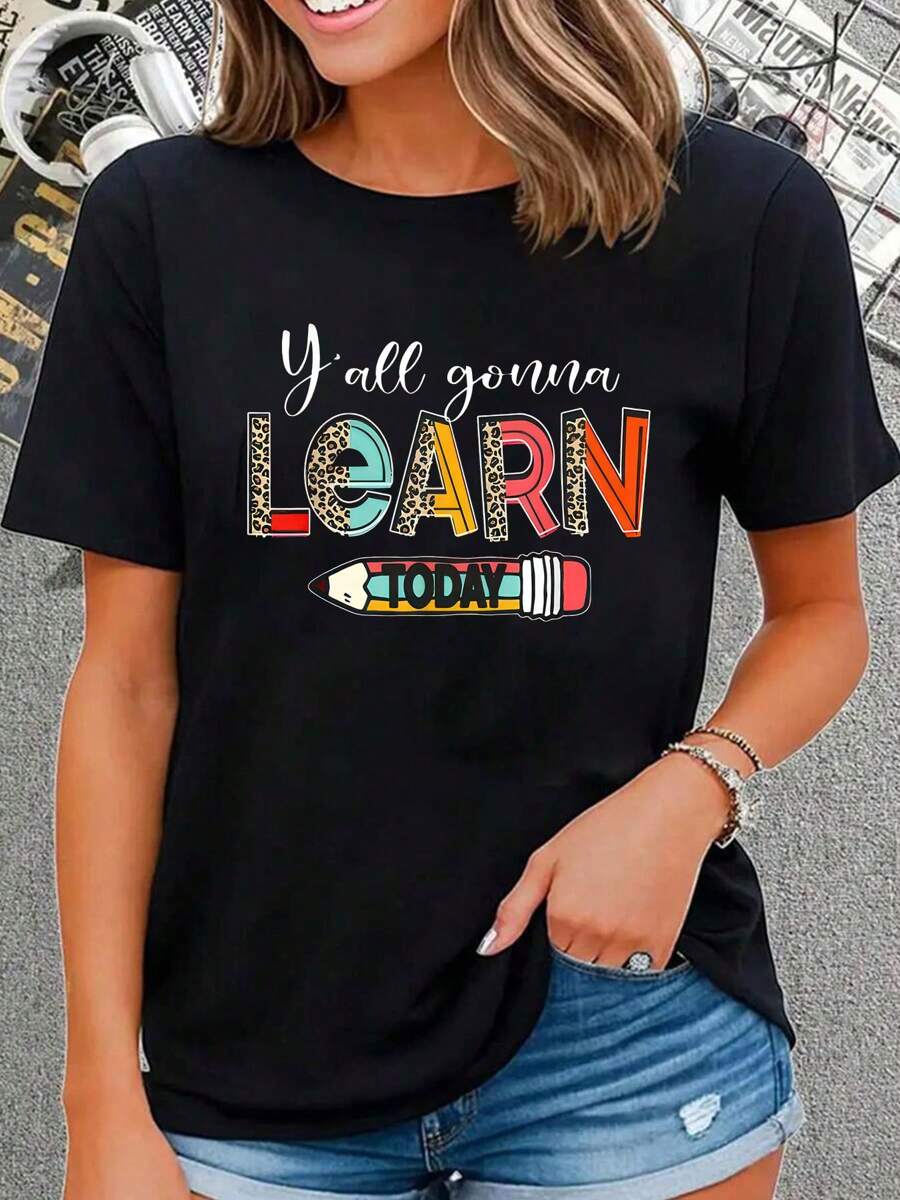Funny Test Day Teacher Y'all Gonna Learn Today Leopard T-Shirt , Short Sleeve Crew Neck Shirt,Cotton Top For Women