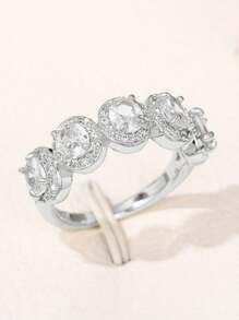 Elegant Luxurious Fully Crystalized Cubic Zirconia Circle Ring,Copper Simulated Diamond Jewelry Suitable For Women Wedding, Engagement, Holiday Gifts - Silver - View 5