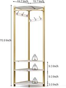 Metal Corner Hangers/Storage Racks/Shoemaker/Corridor Open Hangers With 6 Double Hooks, Space Saving, Industrial Design For Corridors, Living Rooms, Bedrooms, Offices, - Gold +White - 查看 4