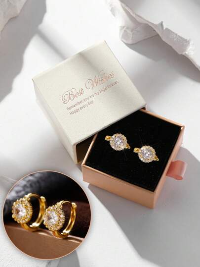 Gift Box Set Exquisite Cubic Zirconia Fully Paved Small Hoop Earrings, Copper Gold Plated Jewelry Suitable For Women's Wedding, Engagement And Holiday Gifts