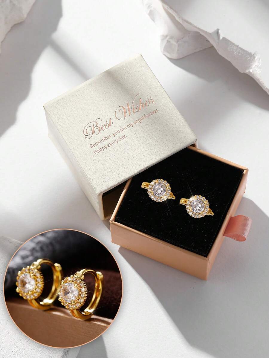 Gift Box Set Exquisite Cubic Zirconia Fully Paved Small Hoop Earrings, Copper Gold Plated Jewelry Suitable For Women's Wedding, Engagement And Holiday Gifts - Gold - View 1