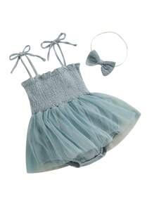 Infant Girls Casual Romper With Headdress, Floral Tie-Up Off-The-Shoulder Jumpsuit With Yarn Hem - Blue - View 2