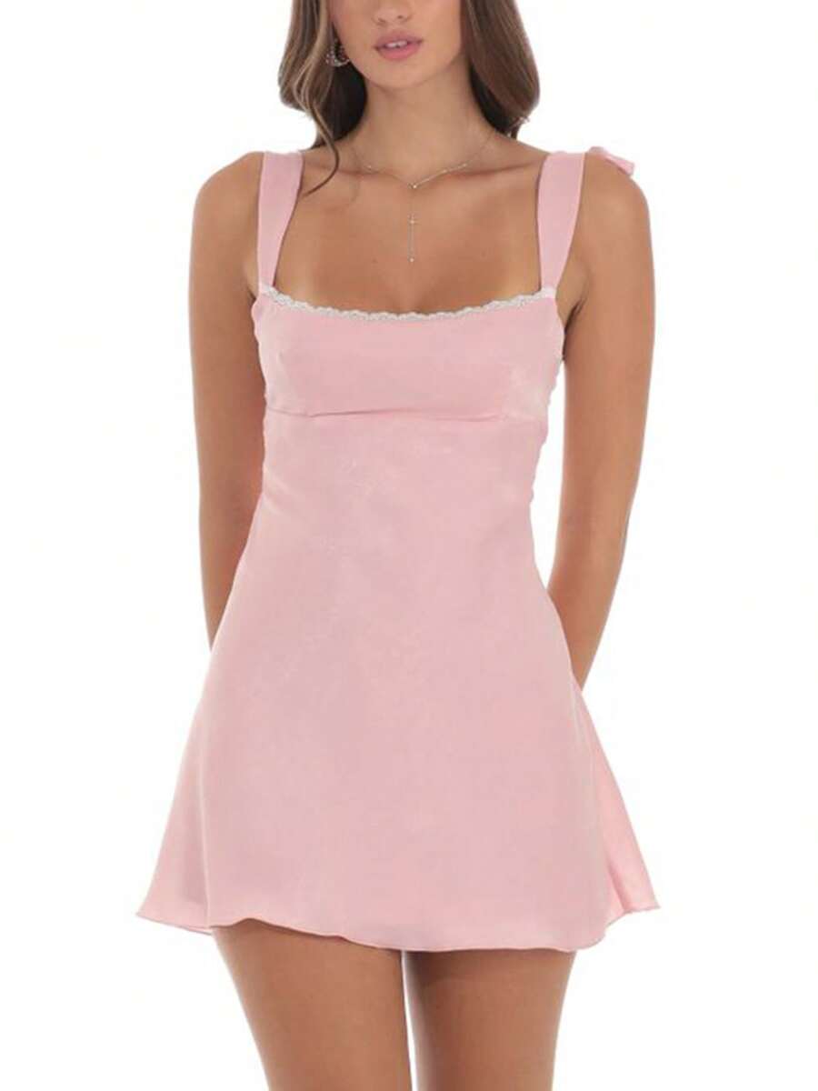 Women's 2025 Satin Backless Mini Dress - Sleeveless Lace Trim Tie-Up Straps A-Line Streetwear Party - Hồng - Xem 1