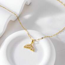 1pc Fashion Charming Minimalist Style Copper Inlaid Zirconia Plated 18K Gold White Fish Tail Pendant Necklace, Suitable For Ladies Beach Holiday Wear, Jewelry Accessory, Gifts For Friends