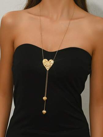 1 st. trendigt minimalistiskt guldhjärta, sjöstjärna, rosettknut, glasstrass-tofs, strass-tofs, halsband med infälld ädelsten och konstpärla, hjärthänge i rosmönster, kedjespänne i koppar med ormben, minimalistiskt Y-format långt halsband för kvinnor, lämpligt för kvinnors semester, festkläder