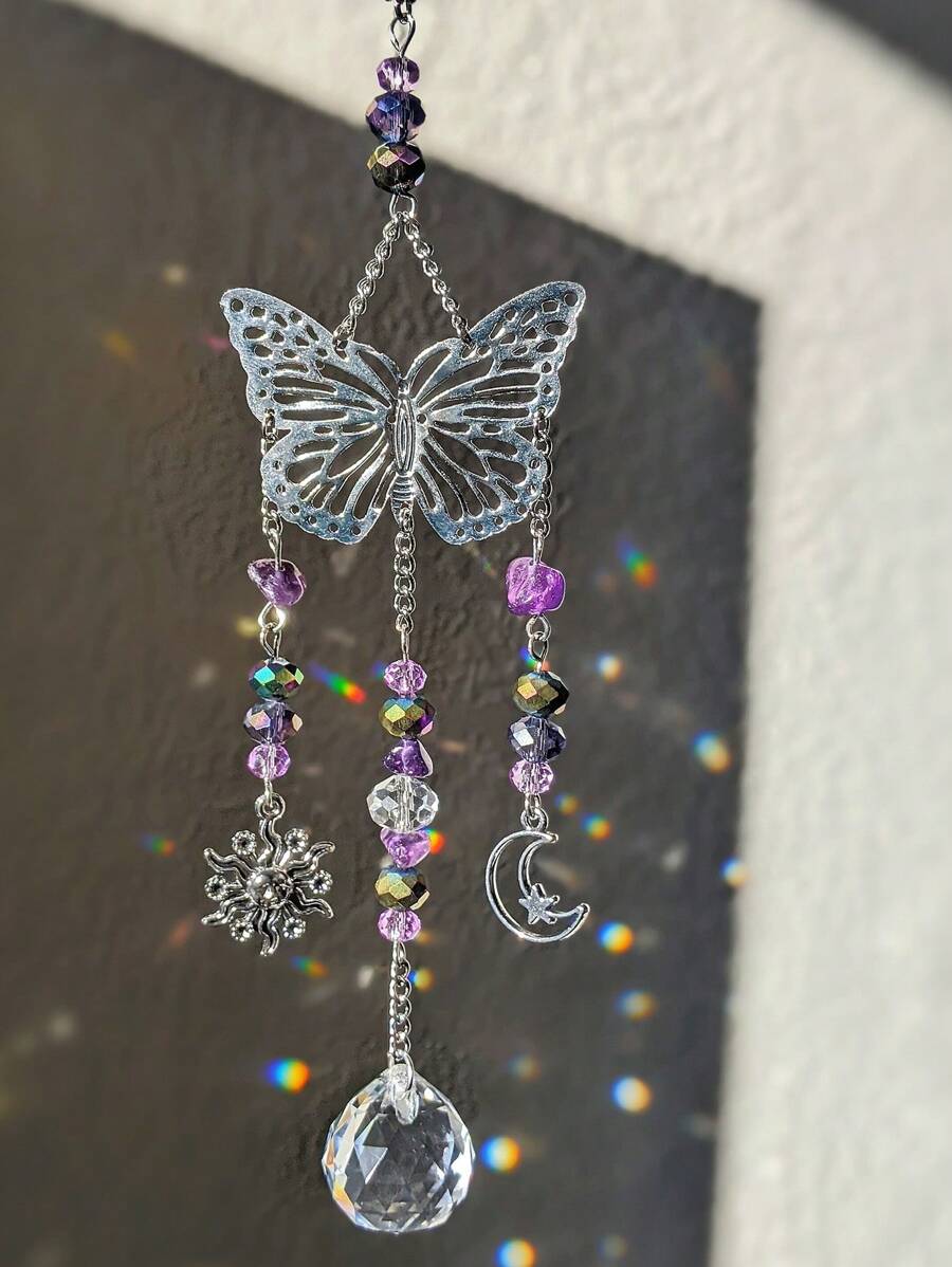 1pc Purple Amethyst Butterfly Car Hanging Decor, Outdoor Garden Pendant Decoration, Purple Crystal Butterfly Sunglass Car Rearview Mirror Ornament