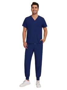 男士医疗制服套装，牙医/护士制服，V领短袖上衣，医用运动裤，护理工作服，医生工作服 - 藏蓝色 - 查看 3