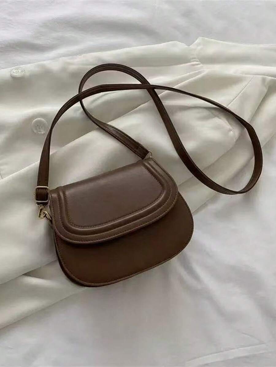 时尚纯色迷你马鞍斜挎包，压纹设计，简约风格女士手提包 - 咖啡 - 查看 1