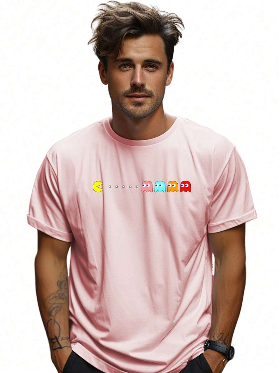 Camiseta Pac Man Jogos Antigos Camisa Algodão Geek Manga Curta - Rosa Bebê - Visão 1
