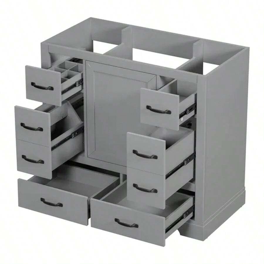 36" Bathroom Vanity Without Sink, Cabinet Base Only, Six Drawers, Multi-Functional Drawer Divider, Adjustable Shelf, Grey - 灰色 - 查看 1