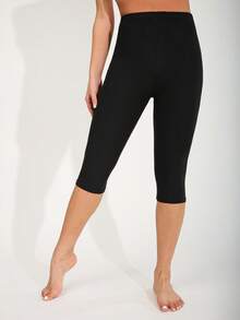 Women's Casual Elastic Spandex Sports Leggings, Solid Color Soft Comfortable Brushed Fabric Tights, Suitable For Fitness, Workout, Running, Home Exercise, Deep Squat, Yoga, Outdoor, Beach, Party, Walking, Cycling, Capri Length