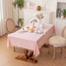 1pc Pleated Textured Pink & White Tassel Tablecloth, Simple & Versatile Rectangular Tablecloth, Suitable For Parties, Weddings, Birthdays, Holidays, Valentine's Day To Decorate Coffee Tables And Nightstands - Pink - View 12
