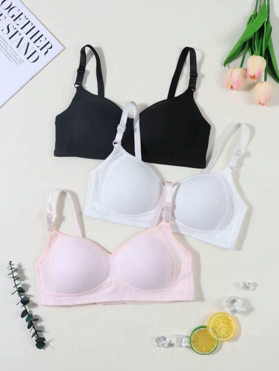 3pcs/Set Teen Girls' Ribbed Comfortable Simple Style Bras, Suitable For 13-16 Years Old - Multicolor - View 1