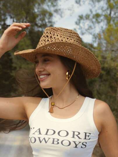 1 pieza Sombrero de paja de estilo panamá tejido a mano, sombrero bohemio de playa, protección UV, sombrero de sol a prueba de viento para ocio