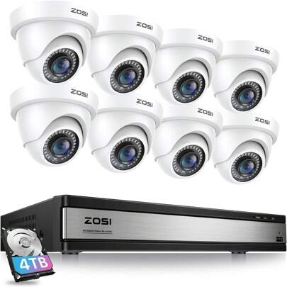  ZOSI H.265+ 16 Channel Security Camera System 1080p,16 Channel CCTV DVR With 4TB HDD, 8 X 1080p Indoor Outdoor Dome Camera, 80ft Night Vision, 105° View Angle, Remote Control, Alert Push