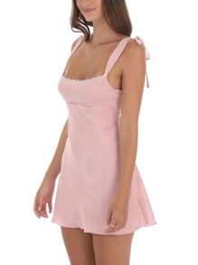 Women's 2025 Satin Backless Mini Dress - Sleeveless Lace Trim Tie-Up Straps A-Line Streetwear Party - Hồng - Xem 5