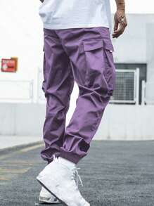 1pc Tween Boys Loose Drawstring Solid Color Cargo Pants, Suitable For Commuting, School, Casual, Travel - Purple - View 3