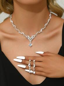 3pcs Women's Heart & Flower Rhinestone Embellished Wedding Jewelry Set