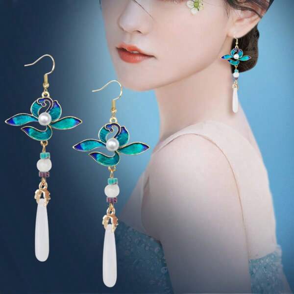1 st. Chinese stijl modieuze cloisonne orchideeënblad lange oorbellen, dames sieraden voor vakantie, verjaardag, feestkleding