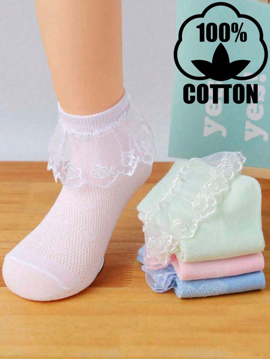 4 Pairs Kids Solid Color Lace Ruffle Princess Fashion Versatile Party Ankle Socks - Multicolor - View 1